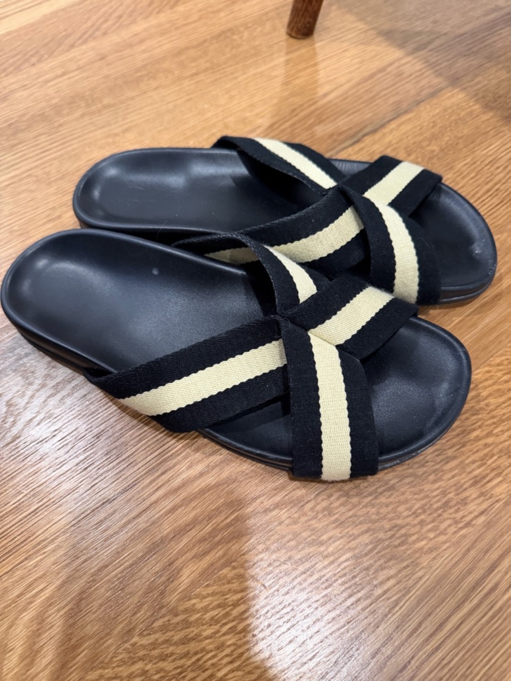 Jenni Kayne Black Slide Sandals with Cream Stripe Cross Straps